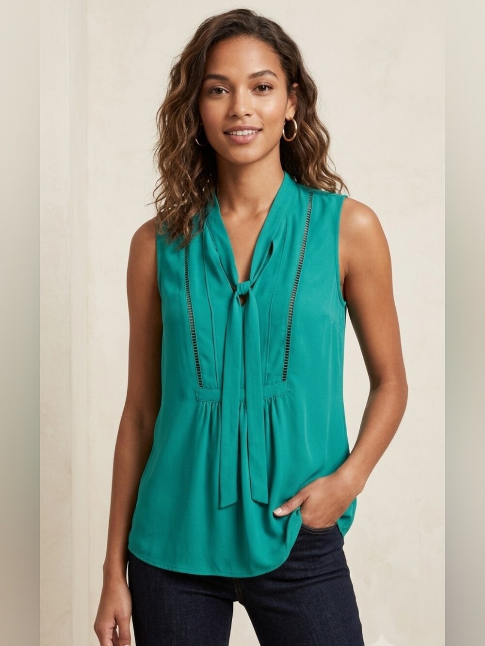 Banana Republic Teal Green Sleeveless Tie Neck Blouse Size Small S Lace Trim Top